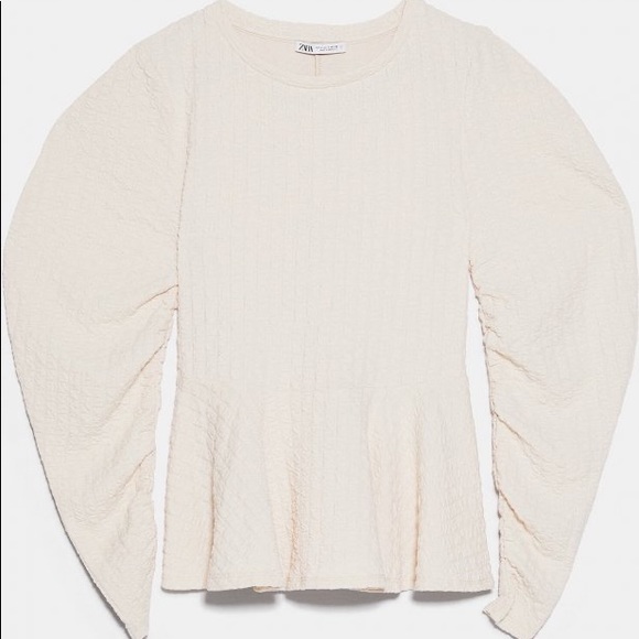 Zara Ecru Long Puff Sleeve Textured & Ruching Top - Picture 3 of 10